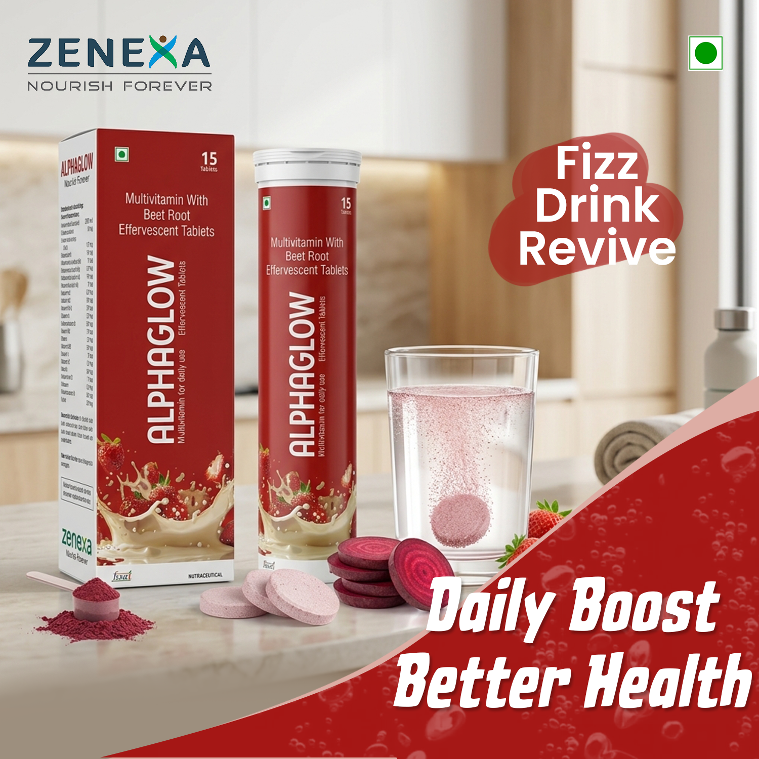 Alphaglow Multivitamin with Beet Root Effervescent Tablets