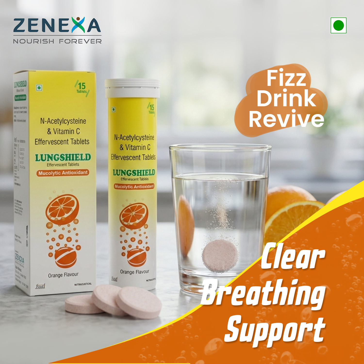 Lungshield Effervescent Tablets - Orange Flavor (15 Tablets) - with N-Acetylcysteine (NAC) &amp; Vitamin C