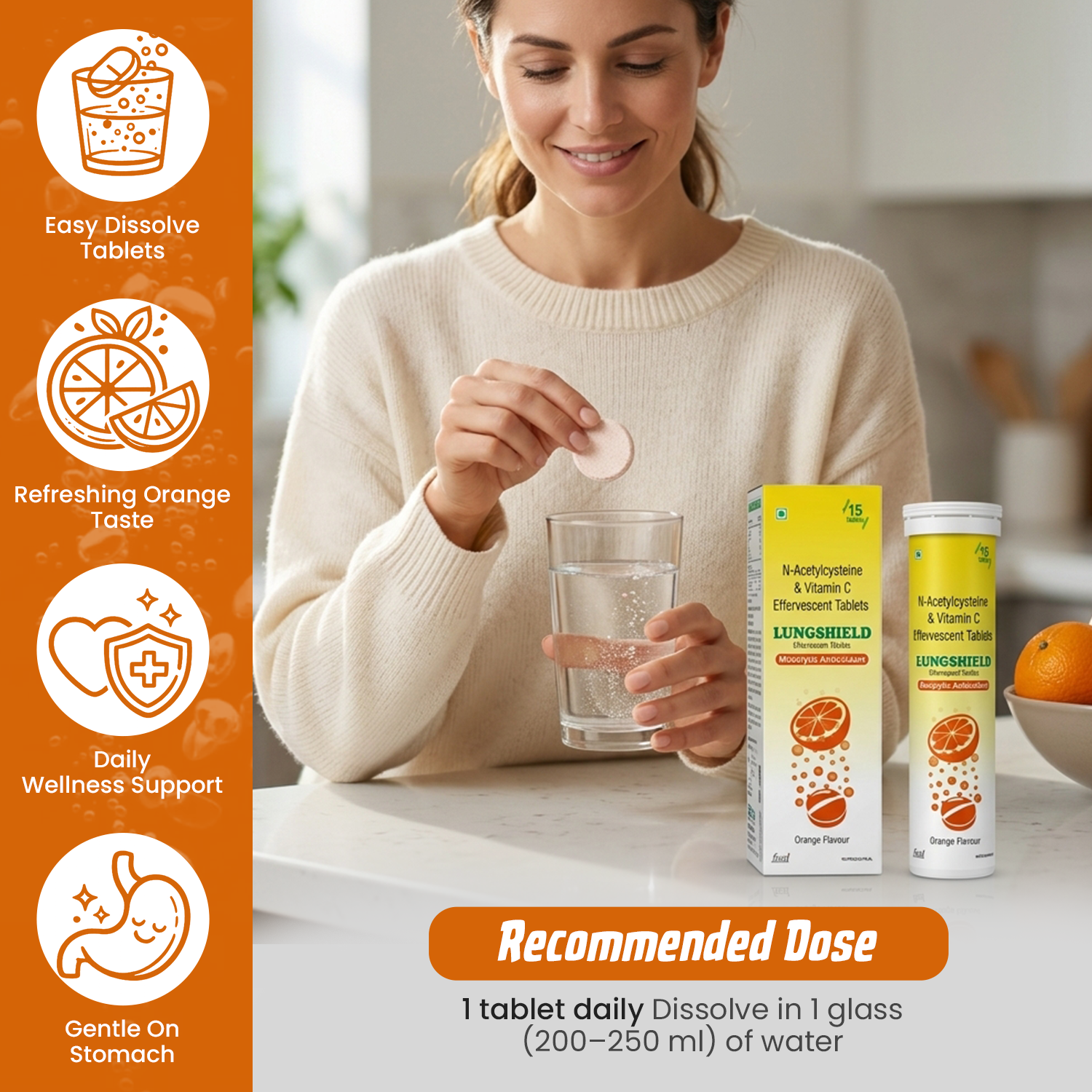 Lungshield Effervescent Tablets - Orange Flavor (15 Tablets) - with N-Acetylcysteine (NAC) &amp; Vitamin C