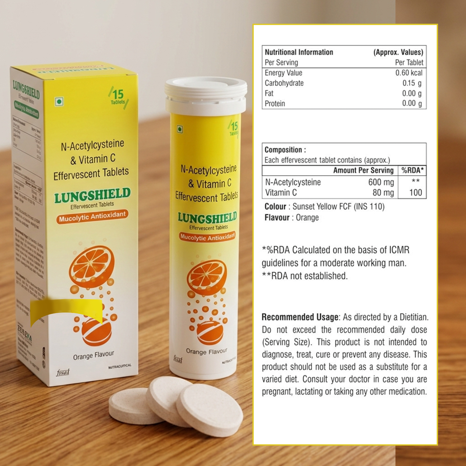 Lungshield Effervescent Tablets - Orange Flavor (15 Tablets) - with N-Acetylcysteine (NAC) &amp; Vitamin C