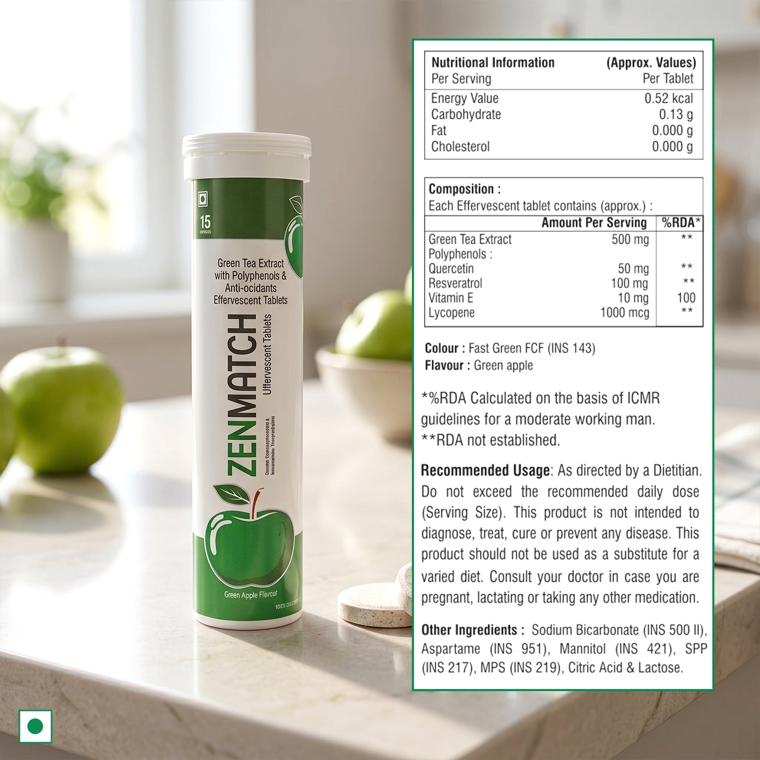 ZENMATCH Green Tea Extract Effervescent Tablets with Polyphenols & Antioxidants