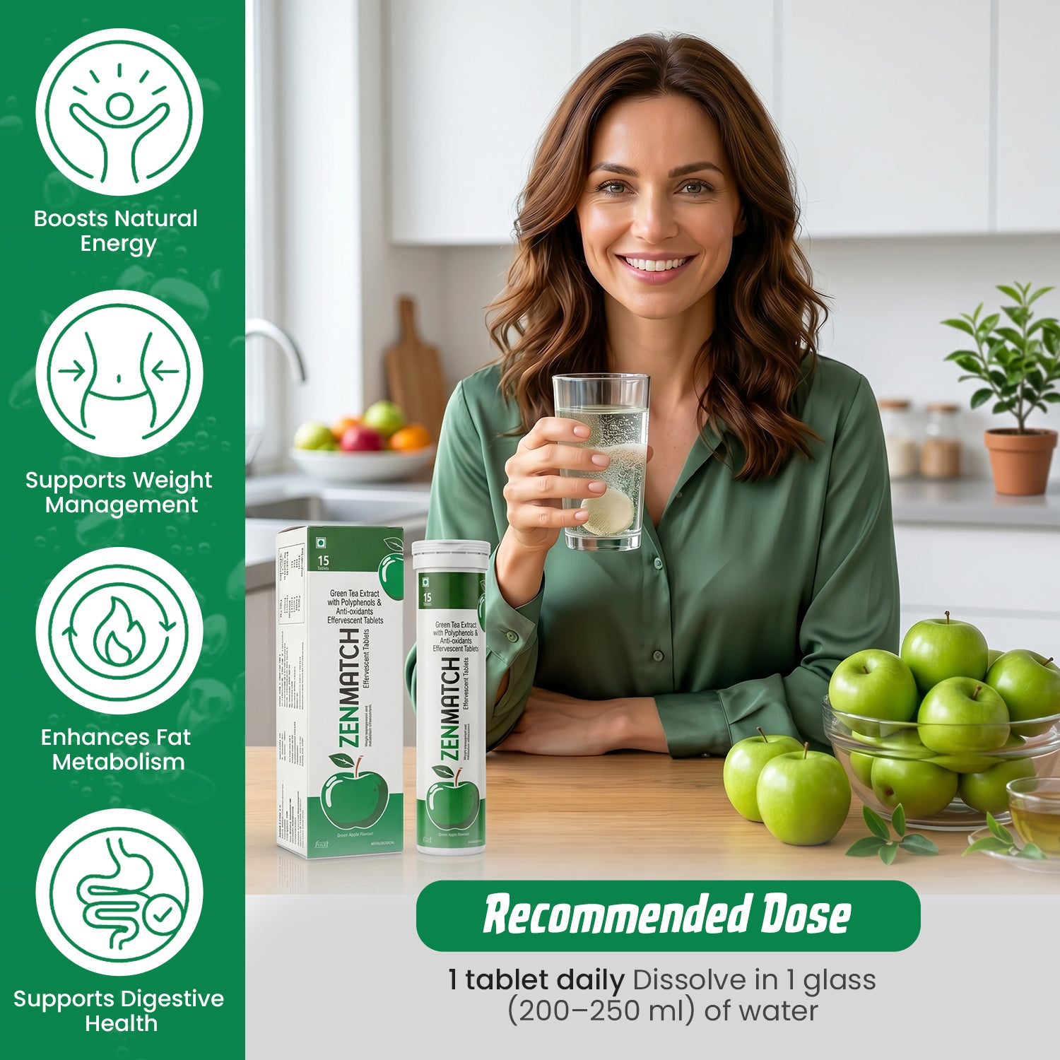 ZENMATCH Green Tea Extract Effervescent Tablets with Polyphenols & Antioxidants