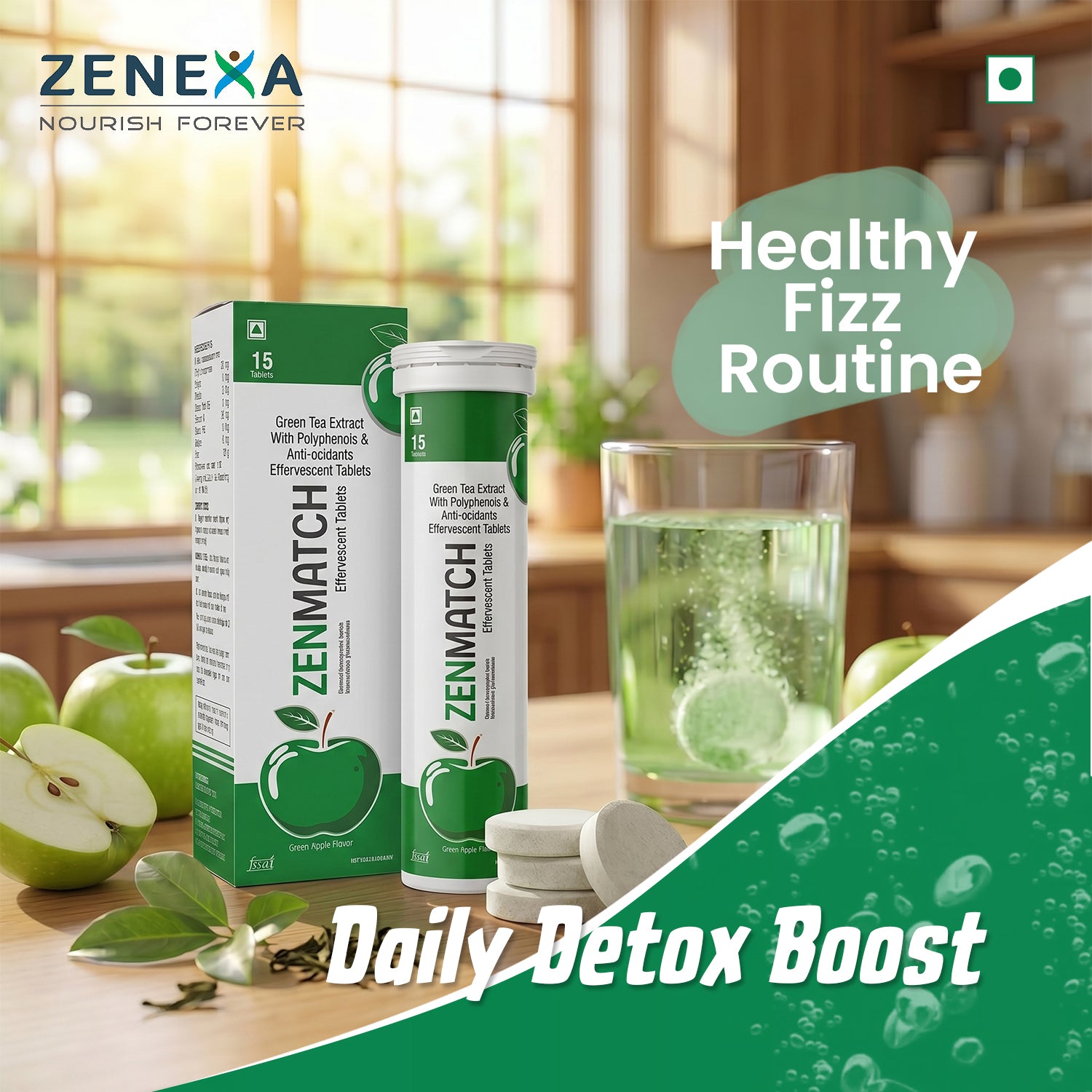 ZENMATCH Green Tea Extract Effervescent Tablets with Polyphenols & Antioxidants