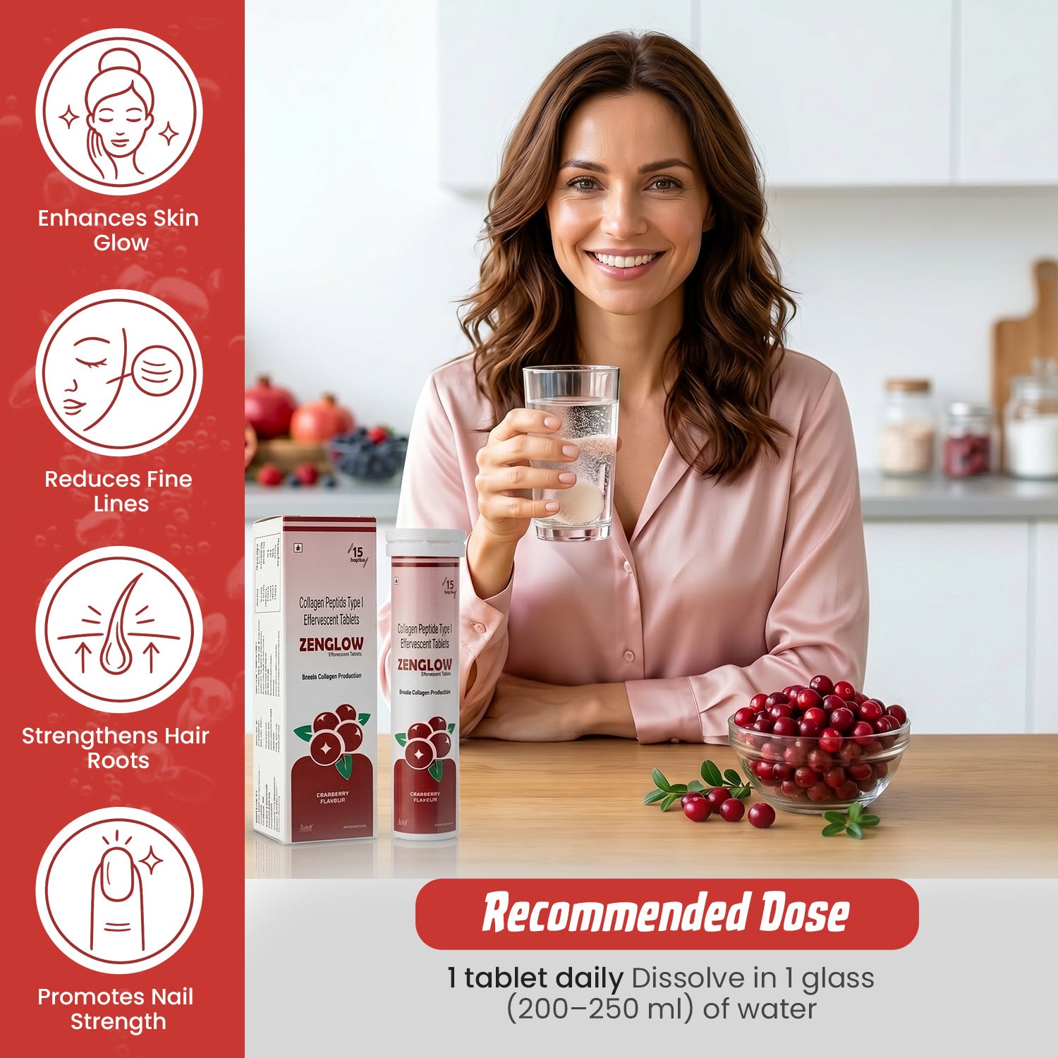 Zenglow Collagen Peptide Type I Effervescent Tablets – Anti-Aging Skin Elasticity & Youthful Glow