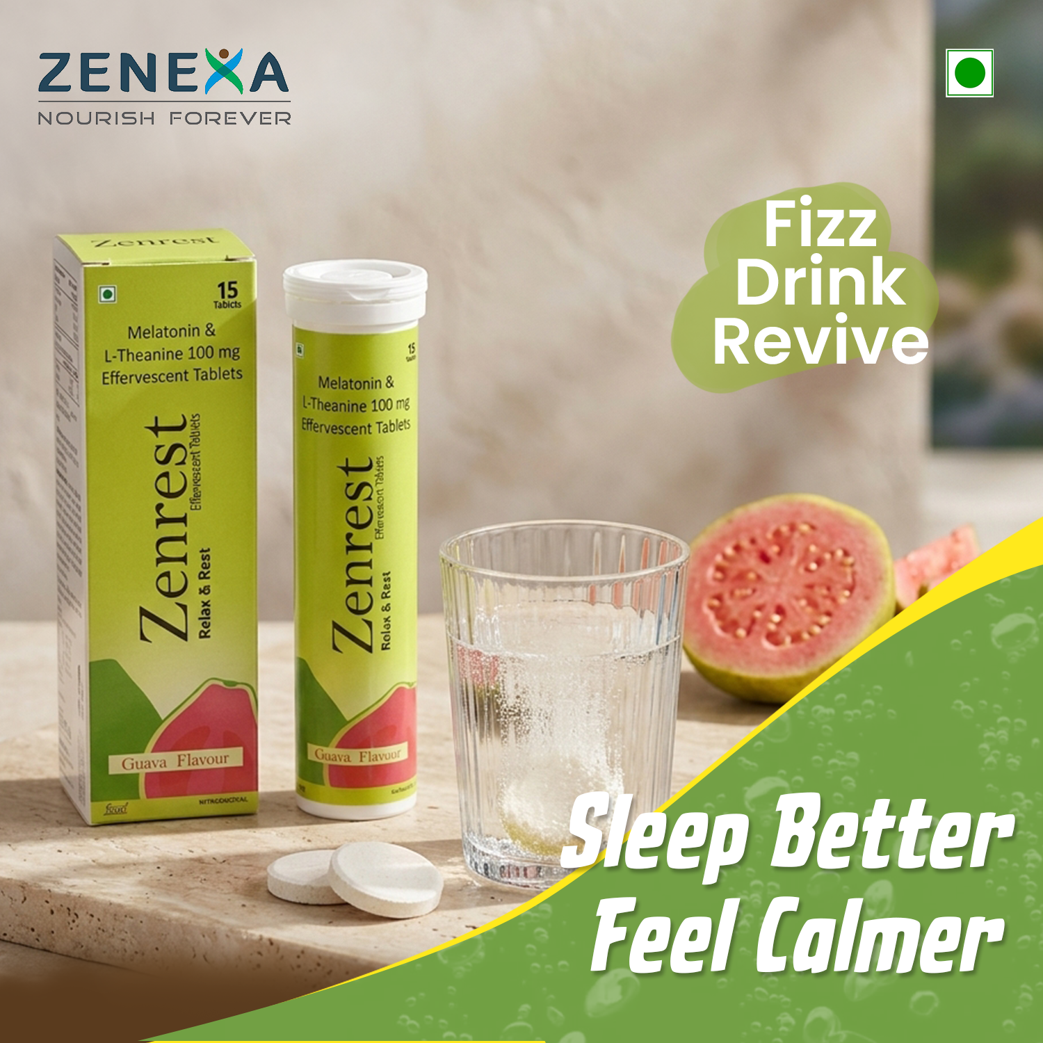 Zenrest Melatonin & L-Theanine (100mg) Effervescent Tablets – Relax & Rest Sleep Aid – Guava Flavour