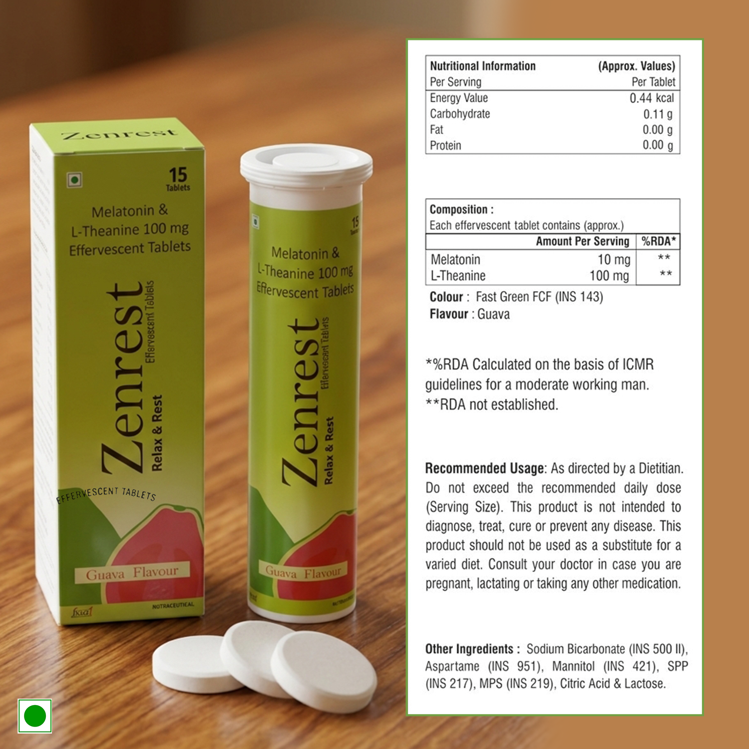Zenrest Melatonin & L-Theanine (100mg) Effervescent Tablets – Relax & Rest Sleep Aid – Guava Flavour